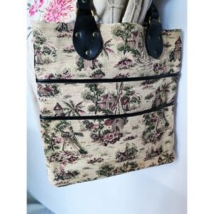 VINTAGE TOILE DE JOY LEATHER TAPESTRY WINDMILL FLORAL HERITAGE 70S TOTE HANDBAG